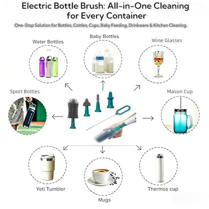 Electric Bottle Brush Set, 6-in-1 Electric Cleaning Brush with Waterproof Silicone Cleaner, 3 Replaceable Brush Heads, Straw Brush & Extension Rod, for Baby Feeding Supplies and Kitchen Utensils - color: Malachite Green