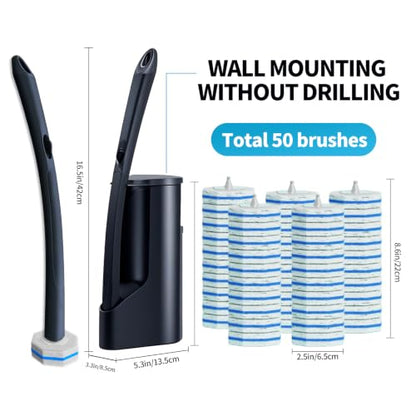 Disposable Toilet Brush with 50 Wand Cleaner Refills Pads，Wall Mounted Toilet Bowl Holder Set，Toilet Cleaning System Starter Kit，Bathroom Cleaning System for Sink Bathtub Wash Basin