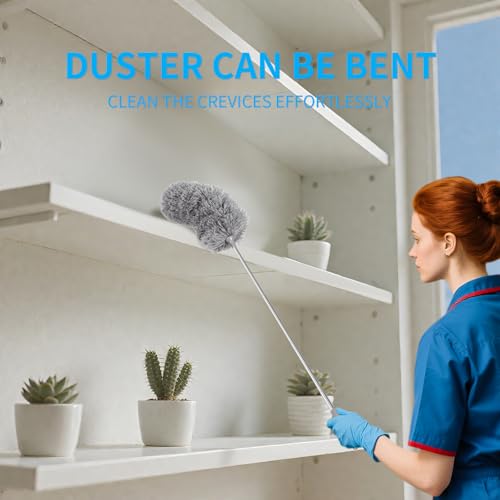 Mini Microfiber Duster for Cleaning, Hand Duster with Extension Pole, Washable Small Duster for Car Interior, Office, Furniture - color: Blue Grey