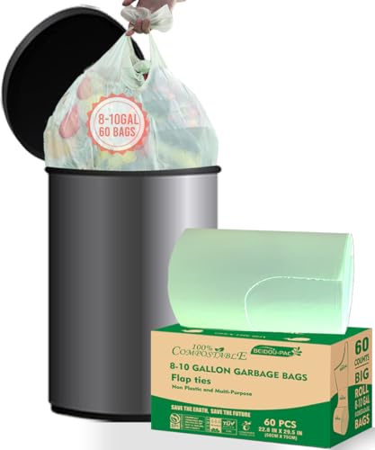 BEIDOU-PAC 8-10 Gallon Flap Tie Compostable Trash Bags, 60 Count, Compost Bags Kitchen Trash Bags, Sturdy Garbage Bags Food Scrap Waste Bags, ASTM D6400, US BPI Certified - style: Flat ties | 8-10 Gallon | 60 Count