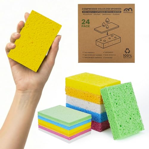 Metflavor Compressed Kitchen Sponges, 24 Count, Thick Non-Scratch Cellulose Dish Sponges, Biodegradable & Compostable, Pop-up Cleaning Sponge, 5" x 3" x 1" - size: 24 Pack