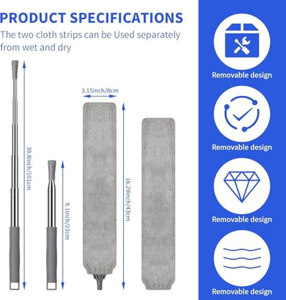 Retractable Gap Dust Cleaner, Extendable Gap Duster with 4 Microfiber Dusting Cloths Long, Under Appliances Cleaning Tools with Extendable Pole,Under Refrigerator, Furniture, High Ceiling