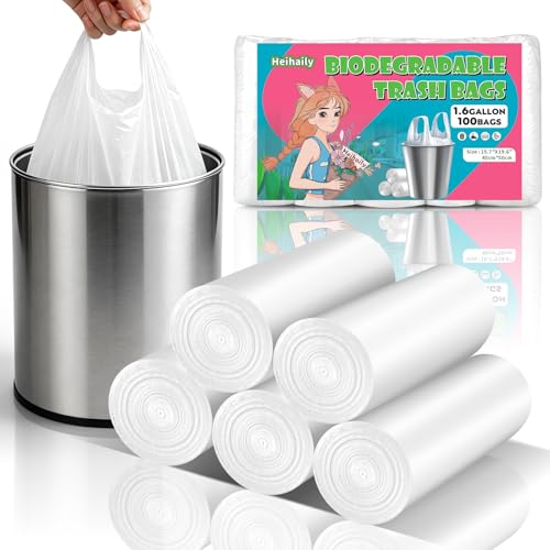 1.6-Gallon Mini Trash Bags Biodegradable - Unscented 100 Count White Small Garbage Bag with Handles Leakproof Strong Thick Waste Basket Liners for Desk, Car, Bedside Table Heihaily - style: Bio-1.6Gal-White100