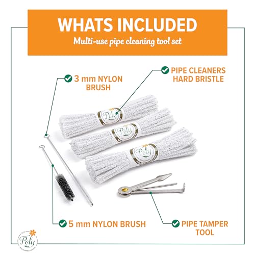 Pipe Cleaners Tool Set | 132 Hard Bristle Pipe Cleaners Bulk, 2 Nylon Bristle Brush, Tamper Tool | Nylon Bristles for Extra Scrub | Absorbent Cotton | Pipe Cleaners for Cleaning | Chenille Stems - size: Hard Bristle Pipe Cleaners Tool Set