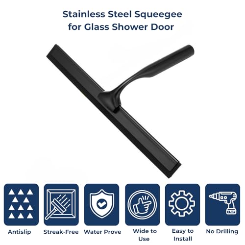 Stainless Steel Shower Squeegee for Shower Glass Door with Adhesive Hook, Bathroom Cleaner Tool, Bathroom Household Window Mirror Squeegee for Glass Doors, Cleaning Tile Wall, Car, 10 inch