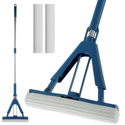 Sponge Mop Absorbent Roller Foam Mop with 50.39inch Extendable Handle and 2 Sponge Heads Self Wringing Mop Adjustable Cleaning Wet Mop for Hardwood Tile Kitchen Bathroom