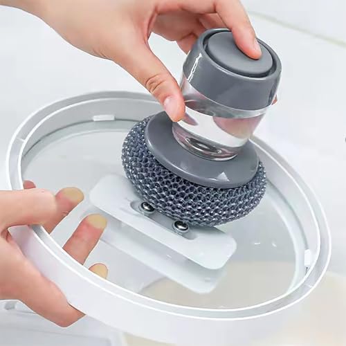 Dish Brush with Soap Dispensing, 2 Pack Kitchen Brush with Holder for Pot Pan Dish Stove Grill Sink Bathtub Tile Household Cleaning, Scrubber Press Automatic Liquid Wash Pots, with 3 Replacement Pads - color: Grey - Plastic+pet