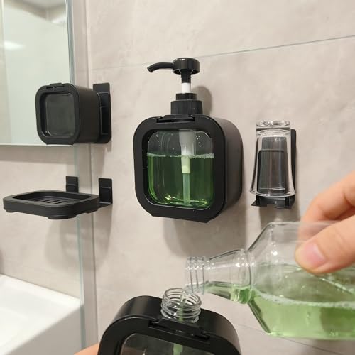 Mouthwash Dispenser for Bathroom, Wall Mount No Drill Bathroom Organiger, Refillable Plastic Pump Bottle with Reusable Cup, with Cup Holder (Black)