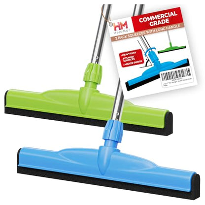 HeloMor 2 Pack 17” Floor Squeegee Broom Scrubbing Brush with Telescopic Long Handle for Garage, Patio, Deck, Tile and Shower | 62" Large Floor Squeegee for Concrete Floor | Shower Telescopic Squeegee - size: 17 Inch (2 Pack)