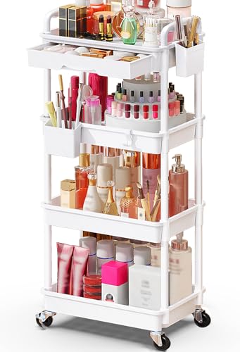 SUNALLY Makeup Cart Organizer with Drawers, 4 Tier Floor Skincare Organizers for Vanity, Rolling Makeup Bathroom Storage Cart Cosmetics Display Cases for Skin Care Perfume Nail Polish, White - color: White, size: 4 Tier