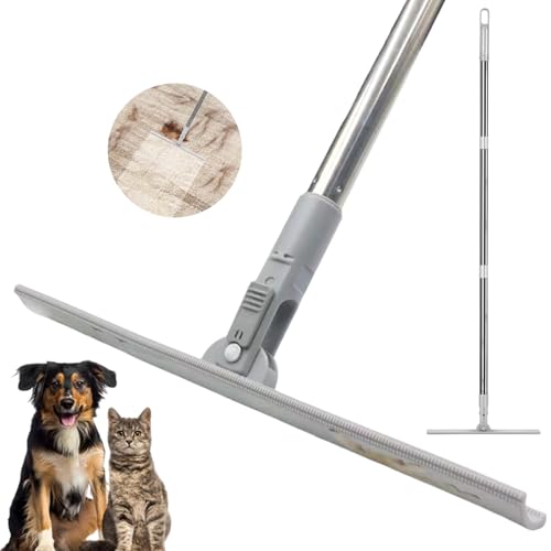 Carpet Rake for Pet Hair Removal, FireBee 47" Adjustable Long Handle Pet Hair Remover, Self-Locking Fixed Nylon Head, Easy Storage, Large Fur Scraper Tool for Rugs, Couch, Stair & Pet Beds