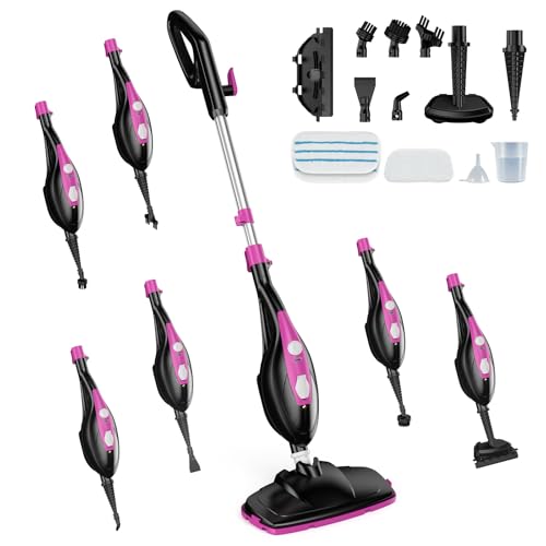 DUMOS 10-in-1 Multifunctional Steam Mop, 1550W Detachable Handheld Steam Cleaner, 16FT Power Cord with 2 Reusable Pads, Floor Steamer for Hardwood, Tile, Carpet, Grout, Windows - color: Black Pink