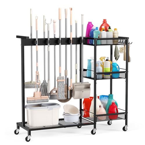 Broom Holder with Cleaning Supplies Organizer, Cleaning Utility Cart on Wheels, 10 Clips & 7 Hooks, 3-Tier Shelves, Broom Closet Storage Cabinet with Cleaning Caddy for Home Commercial Use