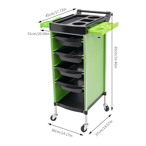 Salon Trolley Cart with Wheels, 6-Tier Beauty S-alon Cart with 4 Drawers, Space-Saving Rolling Salon Versatile Utility Cart, Open Top Floor, 110.23lbs Load-Bearing, Retractable Trays (Green+Black) - color: Green+black