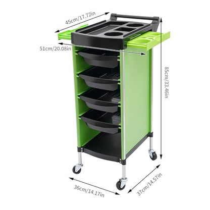 Salon Trolley Cart with Wheels, 6-Tier Beauty S-alon Cart with 4 Drawers, Space-Saving Rolling Salon Versatile Utility Cart, Open Top Floor, 110.23lbs Load-Bearing, Retractable Trays (Green+Black) - color: Green+black