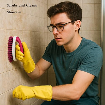 2-Pack Scrub Brushes with Rubber Grip – Heavy-Duty Bristles for Bathroom, Tile, Grout, Shower, Sink & Floor Cleaning – Dependable Industries - color: White-pink