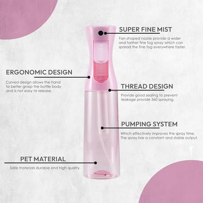Spray Bottle Mister for Hair - Continuous Mister, Fine Water Mist, Trusted by Professional Salons & Barbers, 10.1oz - Clear Bottle (Pink) - color: Pink
