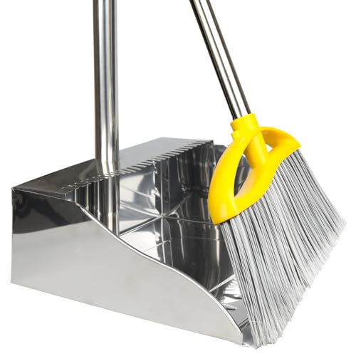 Stainless Steel Dustpan with Outdoor Stiff Bristles Broom,Long Handle Metal Dust Pan and Heavy Duty Broom for Home,Lobby,Office - style: Dustpan and Broom