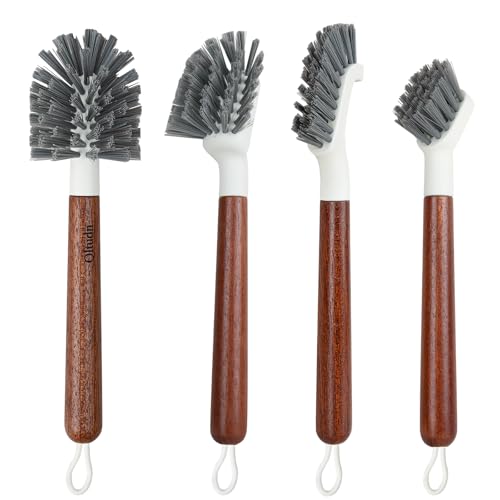 4-Pack Heavy Duty Scrub Brushes with 11" Sapele Wood Handle – PBT Bristles & TPR Loop – Kitchen, Bathroom, Grout, Dish & Tile Cleaner – Durable Non-Slip Multi-Surface Cleaning Brush Set