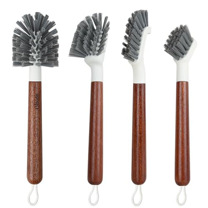 4-Pack Heavy Duty Scrub Brushes with 11" Sapele Wood Handle – PBT Bristles & TPR Loop – Kitchen, Bathroom, Grout, Dish & Tile Cleaner – Durable Non-Slip Multi-Surface Cleaning Brush Set