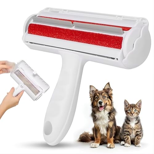 Reusable Pet Hair Remover Roller – Dog & Cat Fur Lint Cleaner for Sofa, Carpet, Bed & Car Seats – No Adhesive Required - color: White/Red