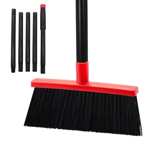 Small Broom Stiff Bristles Brush with Long Handle Indoor or Outdoor Compact Broom for Sweeping Patio Garage Garden,Deck,Concrete Floor,Bathroom (Red) - color: Red