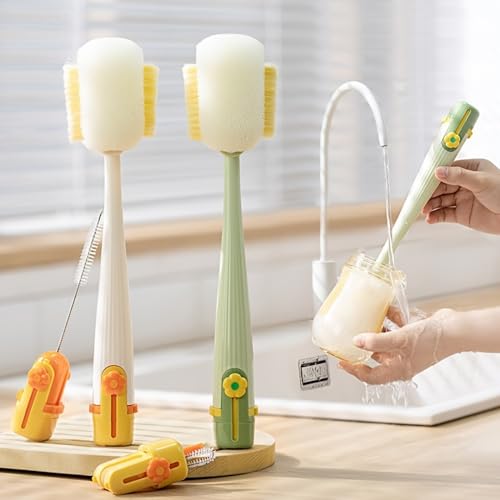 5-in-1 Long Handle Bottle Cleaning Brush Set – Multi-Surface Scrubbing Kit with Sponge & Bristle Heads, Detachable Deep Reach Cleaning Tools (Jasmine Green)