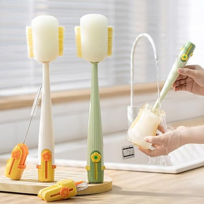 5-in-1 Long Handle Bottle Cleaning Brush Set – Multi-Surface Scrubbing Kit with Sponge & Bristle Heads, Detachable Deep Reach Cleaning Tools (Jasmine Green)