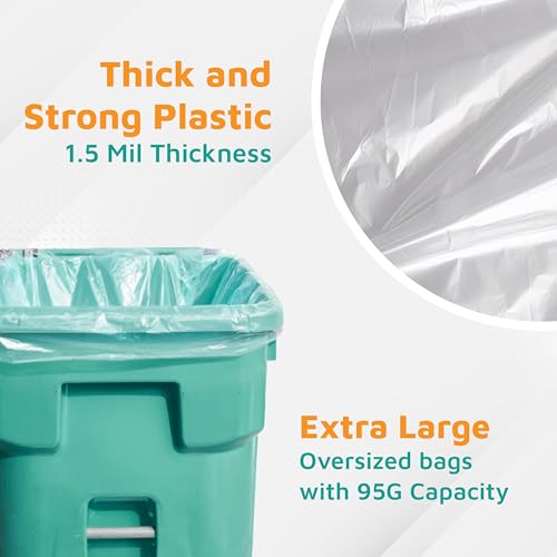 PlasticMill Heavy Duty Trash Bags - Clear Garbage Bags - Plastic Trash Bags for Large Rolling Trash Bins - Tall Trash Bags - 95-Gallon Large Kitchen Trash Bags, 1.5 Mil, 61"x68" (50-Count) - size: 1.5 Mil