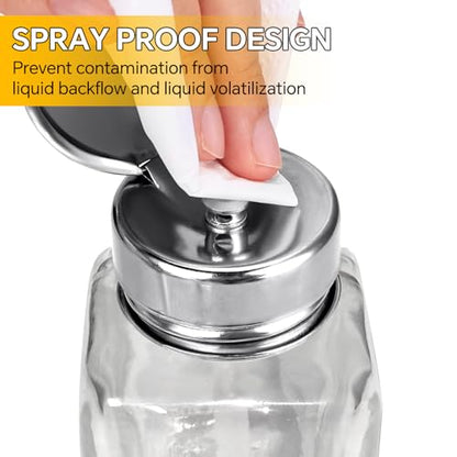 2 Pcs Clear Pump Dispenser Bottles (180ml/6Oz + 100ml), Glass Push Down Liquid Dispenser with Metal Flip Cover, Refillable Press Container for Nail Polish Remover, Makeup Remover & Lotion - size: Circle + Square