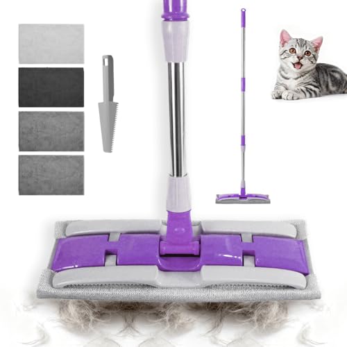 Electrostatic Dust Clip-On Mop for Pet Hair, 57" Adjustable Long Handle, 360° Rotating Head, 2 Reusable Static Cloths, 2 Microfiber Cloths & 1 Scraper, Ideal for Pet Loose Hair & Daily Dust Cleaning - color: purple