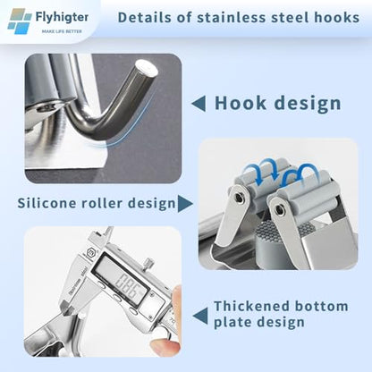 5 Pack Heavy Duty Mop and Broom Holder Wall Mount, No Drill Self Adhesive Stainless Steel Hanger with Hooks, Anti-Slip Tool Organizer for Bathroom, Kitchen, Garage, Laundry Room (5, Silver) - color: Silver-5