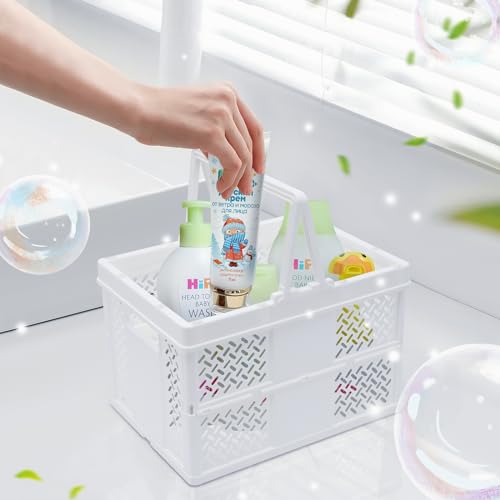 Portable Plastic Shower Caddy with Handle - Multi-Functional Organizer for Dorm, Bathroom, and Cleaning Supplies Storage - Collapsible Baby Bath Caddy and Dorm Shower Caddy - White