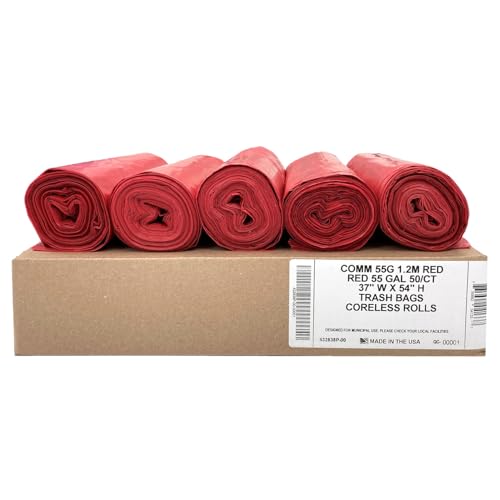 Ultrasac Heavy Duty 55 Gallon Red Trash Bags - (Value 50 Pack) - 1.5 MIL equivalent Industrial Strength Plastic 37" x 54" for 50-55 Gal Cans -Fits Toter, Rubbermaid Brute, Carlislie Bronco etc. - color: Red, style: 50-55 Gal, 1.5 Mil Equiv, 50 Count