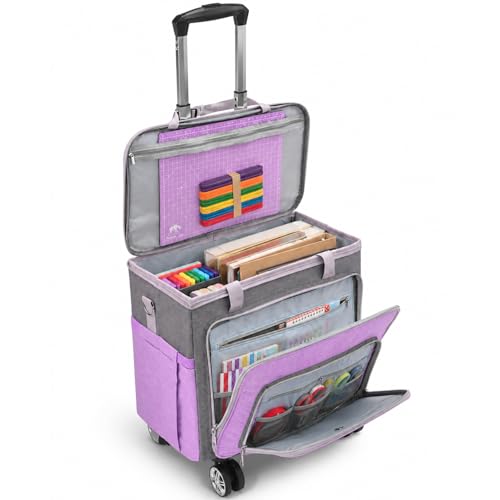 Rolling Teacher Tote Bag with Wheels Craft Storage Organizer Bag, Portable Wheeled Craft Cart for Teacher Art Office Scrapbook Supplies, Heavy Duty Multi-Purpose Rolling Tote Purple - color: Purple