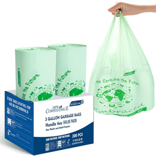 BEIDOU-PAC 100% Compostable Trash Bags, 3 Gallon Compost Bags Small Kitchen Trash Bags with Handle, 200 Count Sturdy Garbage Bags Food Scrap Waste Bags, ASTM D6400, US BPI Certified - style: Handle | 3 Gallon | 200 Count