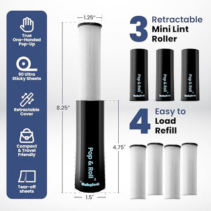 Mini Lint Roller for Pet Hair Extra Sticky (3 Pack + 4 Refill Rolls) - Travel Size Pet Hair Roller with Retractable Cover - Cat & Dog Fur Remover for Clothes - size: 3 Pack with 4 Refills