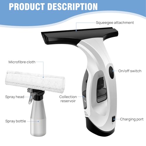 Fockety Window Vacuum Squeegee, Cordless Handheld Electric Window Cleaner Tool, Cleaning Kit with 150ml Water Tank and 2200mAhBattery for Shower Glass, Car, Door and Mirror