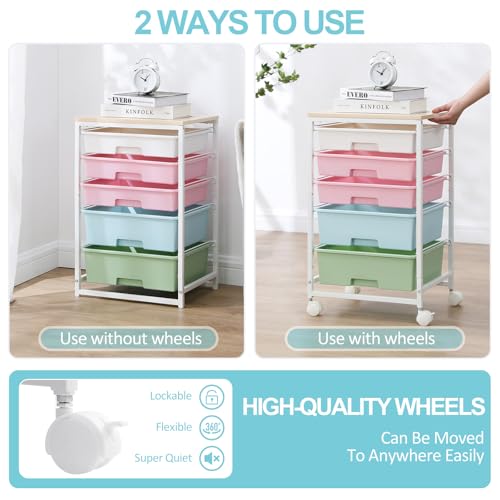 SYKIARIOL Utility Cart with 5 Drawers,Storage Drawer Cart with Wooden Tabletop and Lockable Wheels,Craft Storage Trolley Cart,5-Tier Rolling Utility Cart on Wheels,Rainbow - color: Rainbow