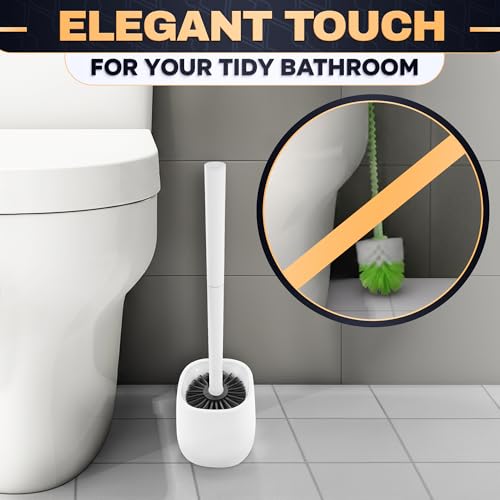 Toilet Brush and Holder Set - Silicone Toilet Bowl Brush with White Holder Base, Compact Bath Accessory for Small Spaces - Easy to Place and Simple to Store After Use, Plastic Bathroom Cleaning Tool - color: White