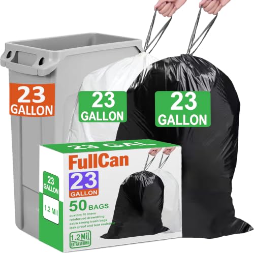 23-33 Gallon Drawstring Black&White Heavy Duty 1.2 MIL THICK Trash Bags 50 Count Compatible with Rubbermaid Brute & Winco 23-33 Gallon Slim Jim Trash Bags Sturdy & Tear-Resistant White & Black - color: 25 Count and 25 Count
