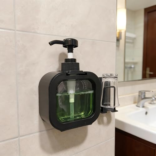 Mouthwash Dispenser for Bathroom, Wall Mount No Drill Bathroom Organiger, Refillable Plastic Pump Bottle with Reusable Cup, with Cup Holder (Black)