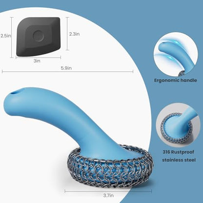 Cast Iron Scrubber with Long Handle | 316 Cast Iron Cleaner Chainmail Scrubber for Pan Skillet Cleaner - Dish Scouring Pad Dishwasher Safe Cleaning Kit (Blue, 1 Scrubber + 1 Scraper) - color: Blue, 1 Scrubber + 1 Scraper