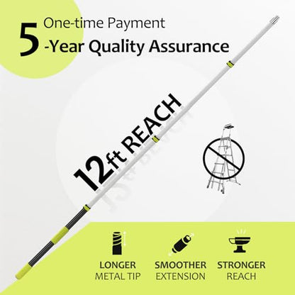 【Upgrade Anti Rotation 】 20FT High Reach Duster Kit,Lightweight Aluminum Alloy Extension Rod,5-Piece Set,210° Steering Head Clean Various Angle,for Cleaning Ceiling,High Wall - size: 12FT