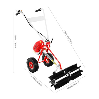43CC 2 Stroke Power Broom Sweeper Cordless, 1.7HP Handheld Gas Power Held Sweeper Broom Grass Walk Behind Hand Lawn Sweeper with Wheels, Outdoor Turf Lawn Sweepers for Yard, Lawn, Driveway, Snow