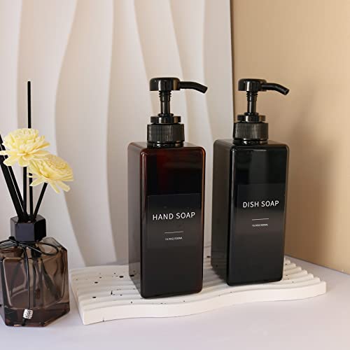 Soap Dispenser with Waterproof Labels, Thickened Plastic Hand Soap Dispenser for Bathroom, Kitchen Dish Washing Liquid Bottles, Shampoo and Conditioner Bottles with Funnel (16oz 4Pack Black Amber) - color: 2 Black + 2 Amber