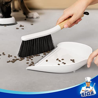 MR.SIGA Dustpan and Brush Set, Portable Cleaning Brush and Dustpan Combo with Bamboo Handle, White, 1 Set - color: White