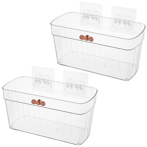 2 Pack Clear Acrylic Small Wall-Mounted Storage Baskets with Adhesive, No Drilling, Hanging Wall Mount Storage Bins for Kitchen, Pantry, Bathroom, RV - color: Large, Clear, size: 2 Pack