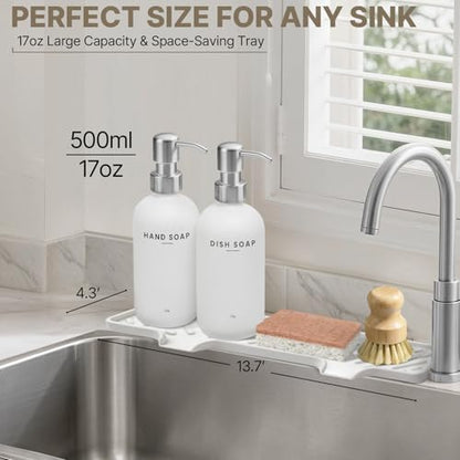 Kitchen Soap Dispenser Set - Dish Soap Dispenser for Kitchen with Self Drain Tray, 17oz Glass Bottle, Stainless Steel Pump, Sponge, and Dish Brush - Silver - color: White Bottle + Silver Pump