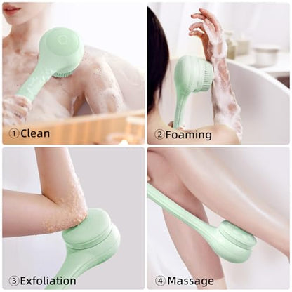 Electric Body Brush Back Scrubber for Shower, Waterproof Long Dual Handle Body Scrubber with 3 Heads, Bath Brush & 2 Speeds, for Cleansing, Exfoliating and Massaging Skin, Pale Cypress Green
